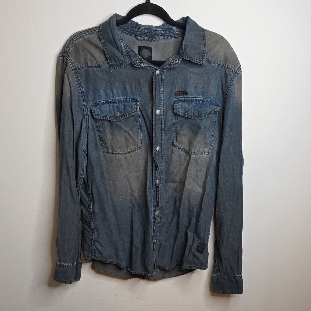 Harley Davidson Distressed Denim Button-Up Shirt Sz Large
